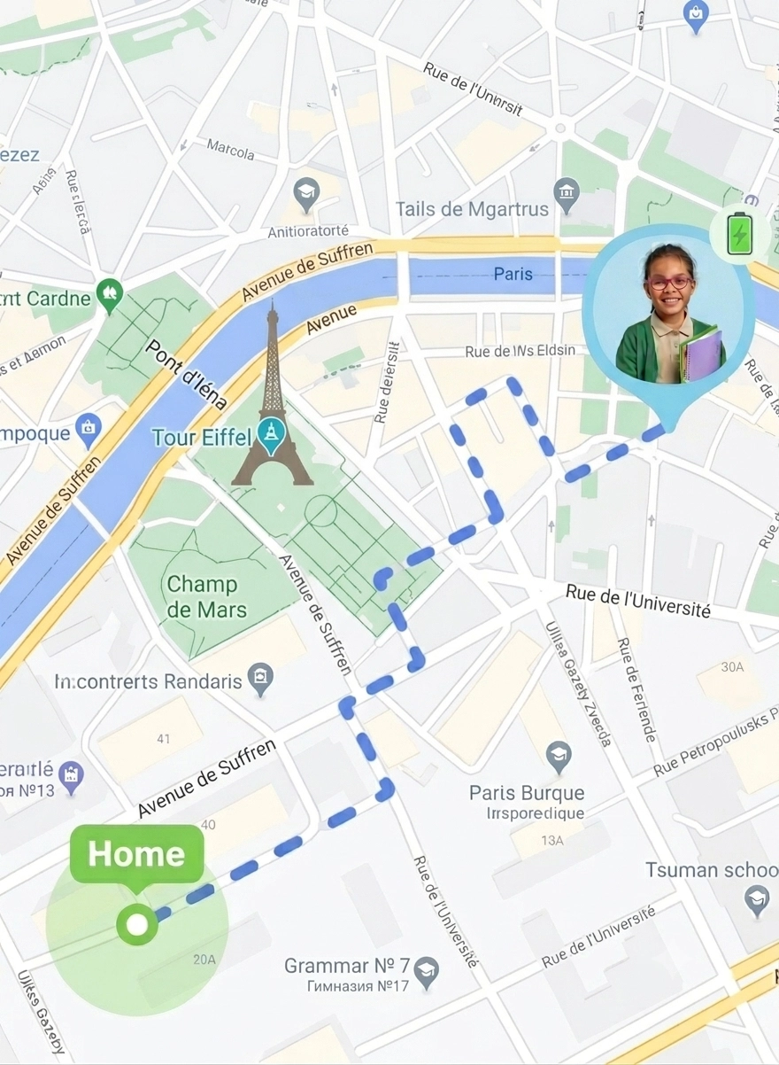 Family location map showing Emma's route to school